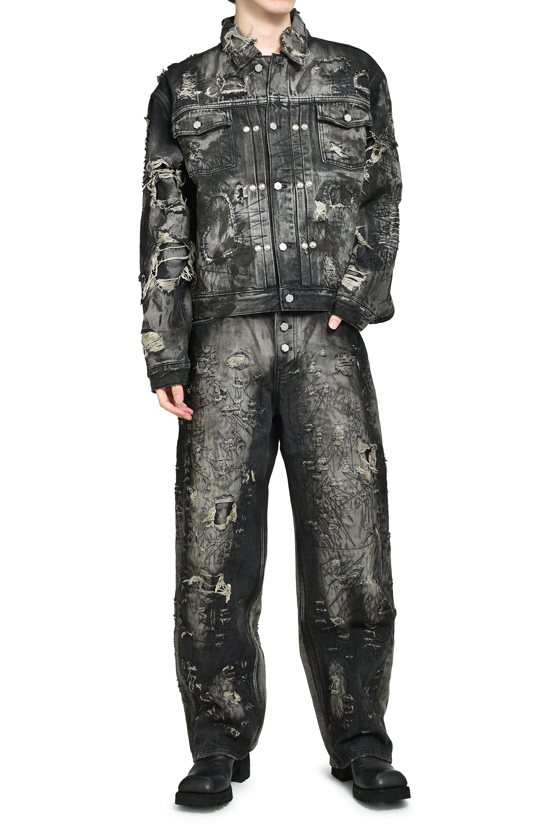 HARD-WASHED DAMAGED DENIM JACKET / BLK 