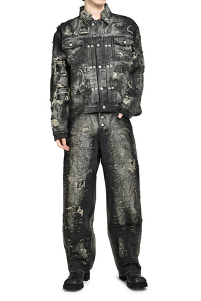 HARD-WASHED DAMAGED DENIM JACKET / BLK 