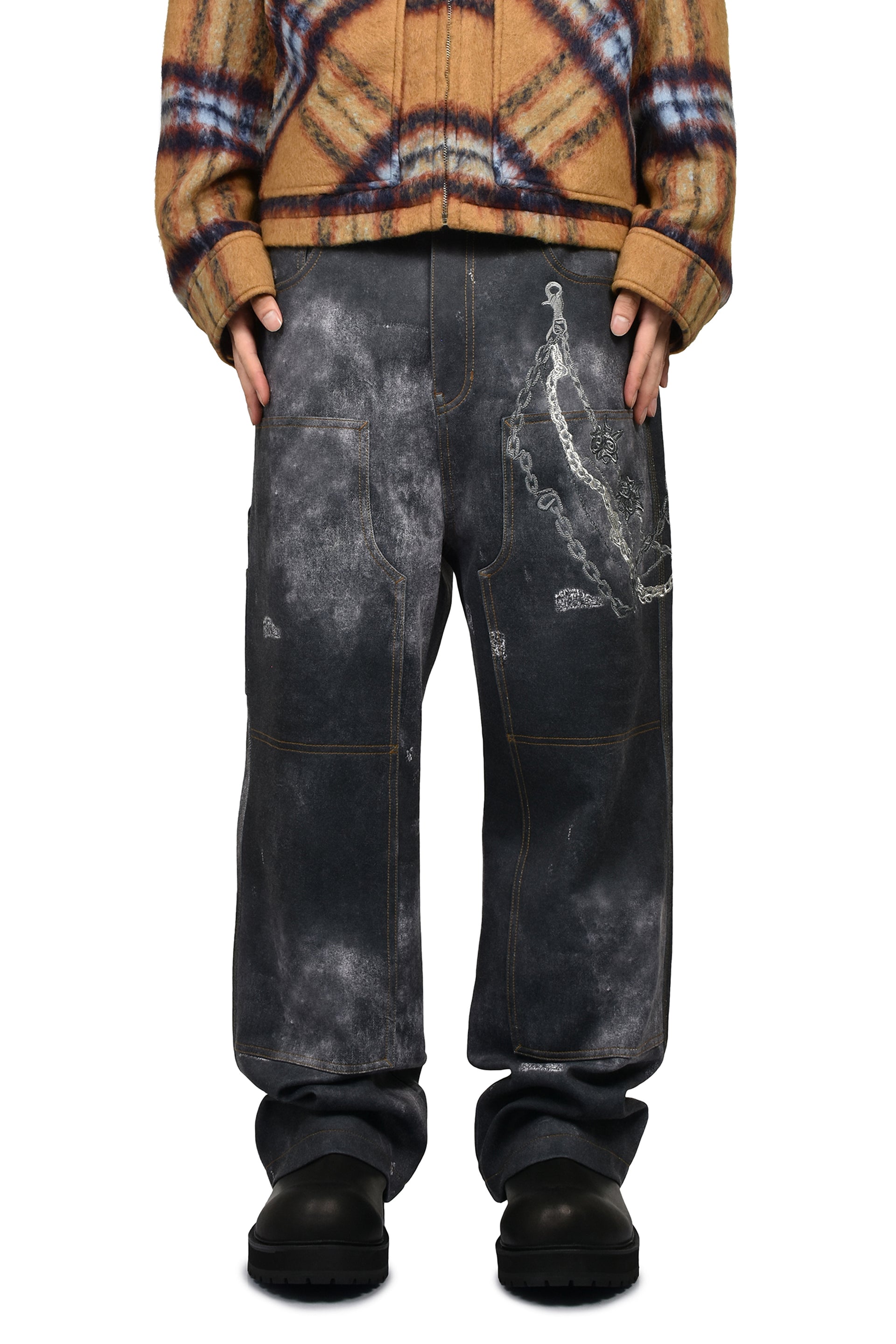 BLACK MENS TROMPE L'OEIL DENIM CARPENTER PANTS / BLK