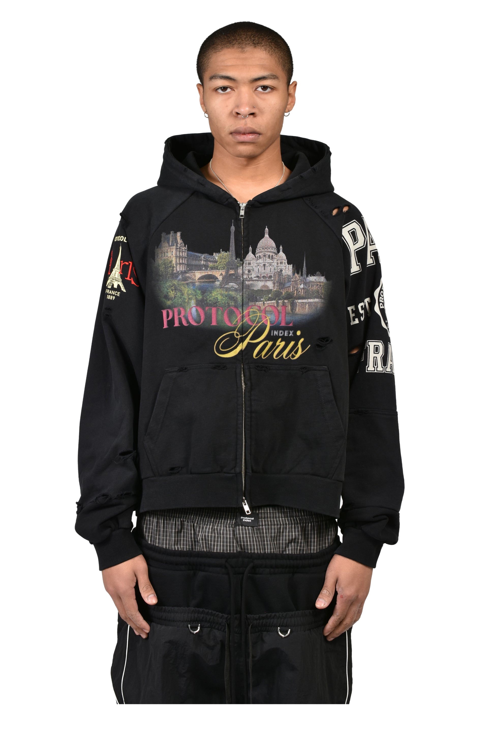 PARIS RECONSTRUCTED FOLDED ZIP HOODIE / BLK