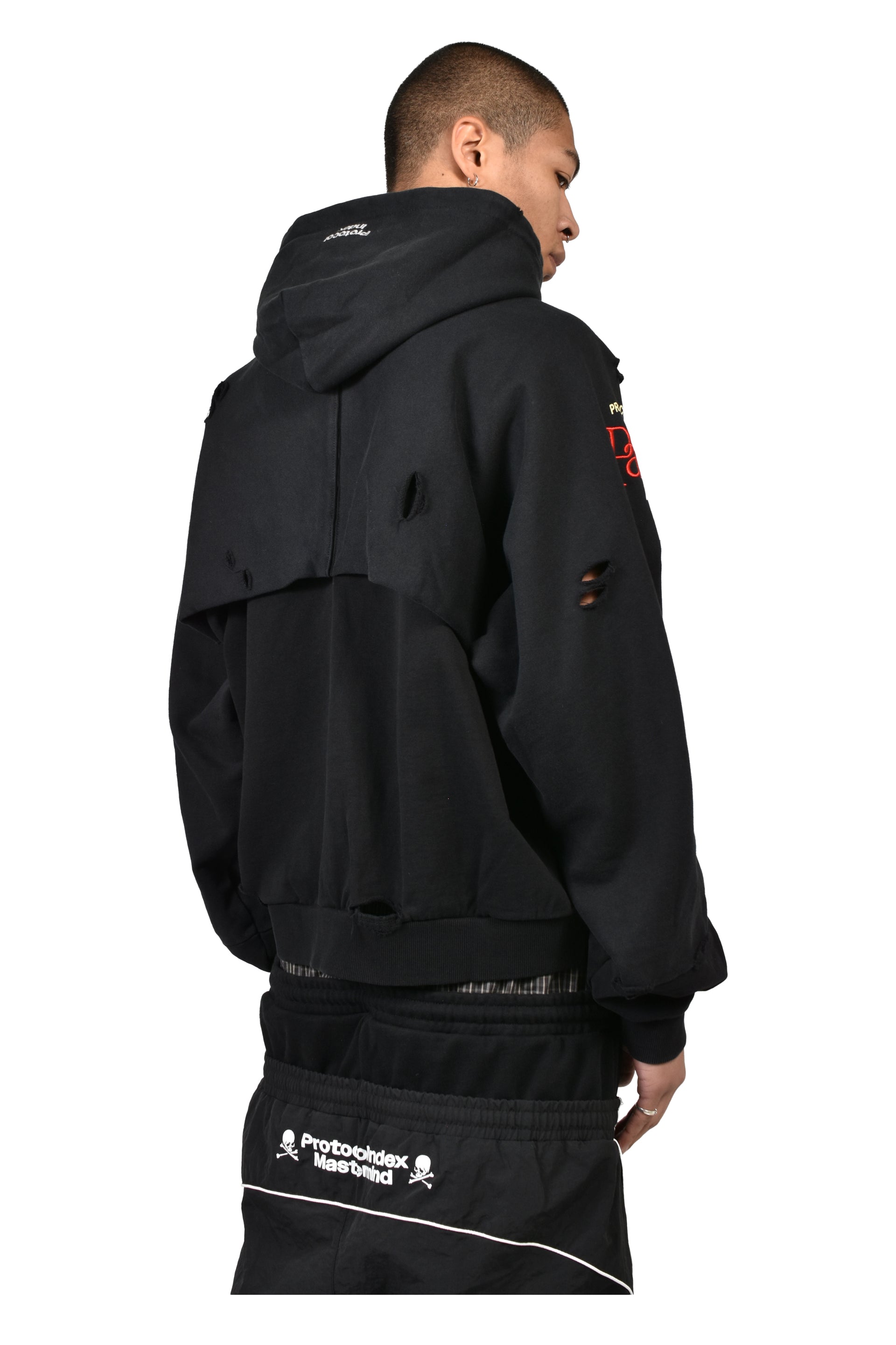 PARIS RECONSTRUCTED FOLDED ZIP HOODIE / BLK