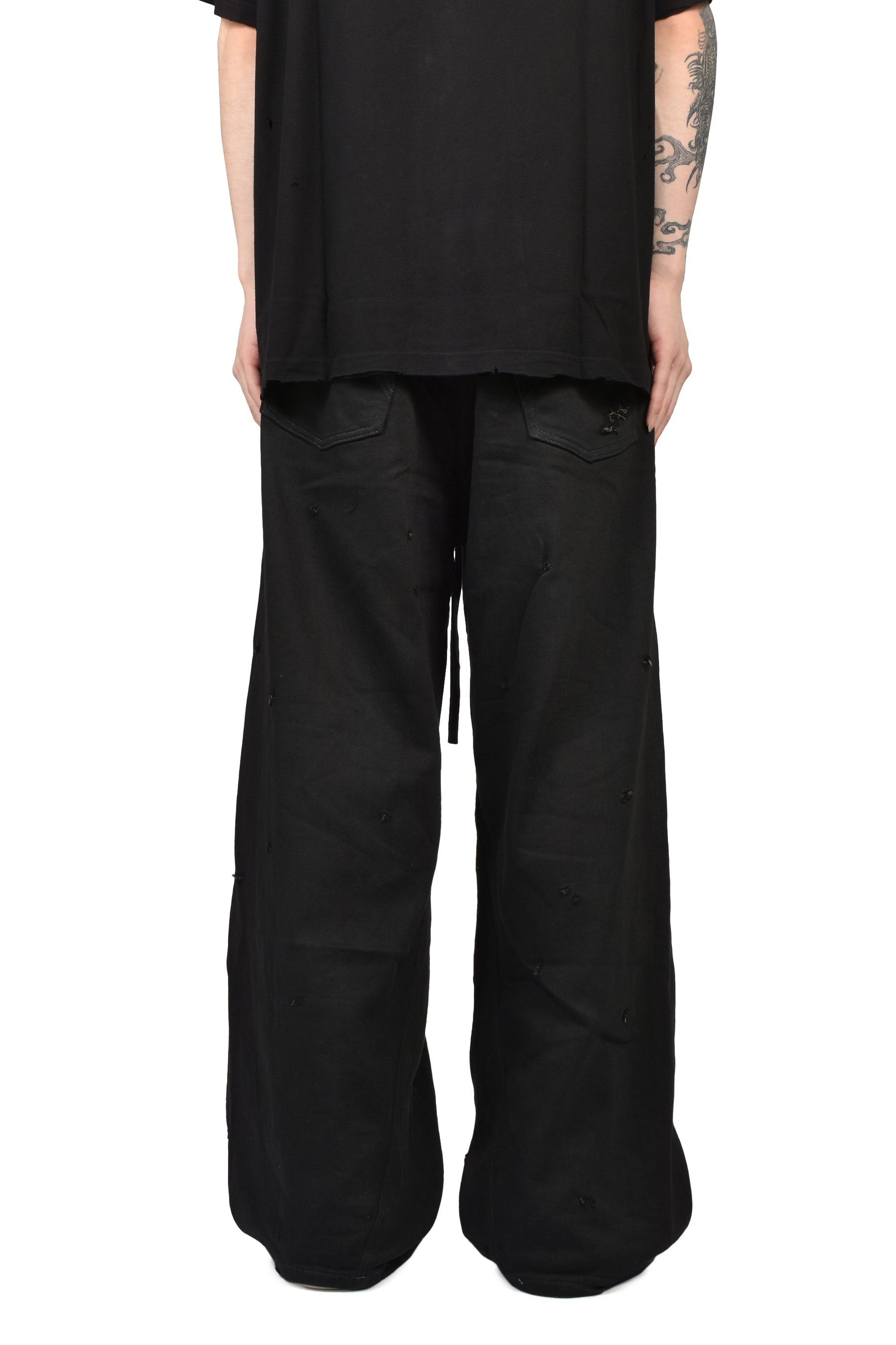 HOME WIDE JEANS WITH DAMAGE PANTS / BLK