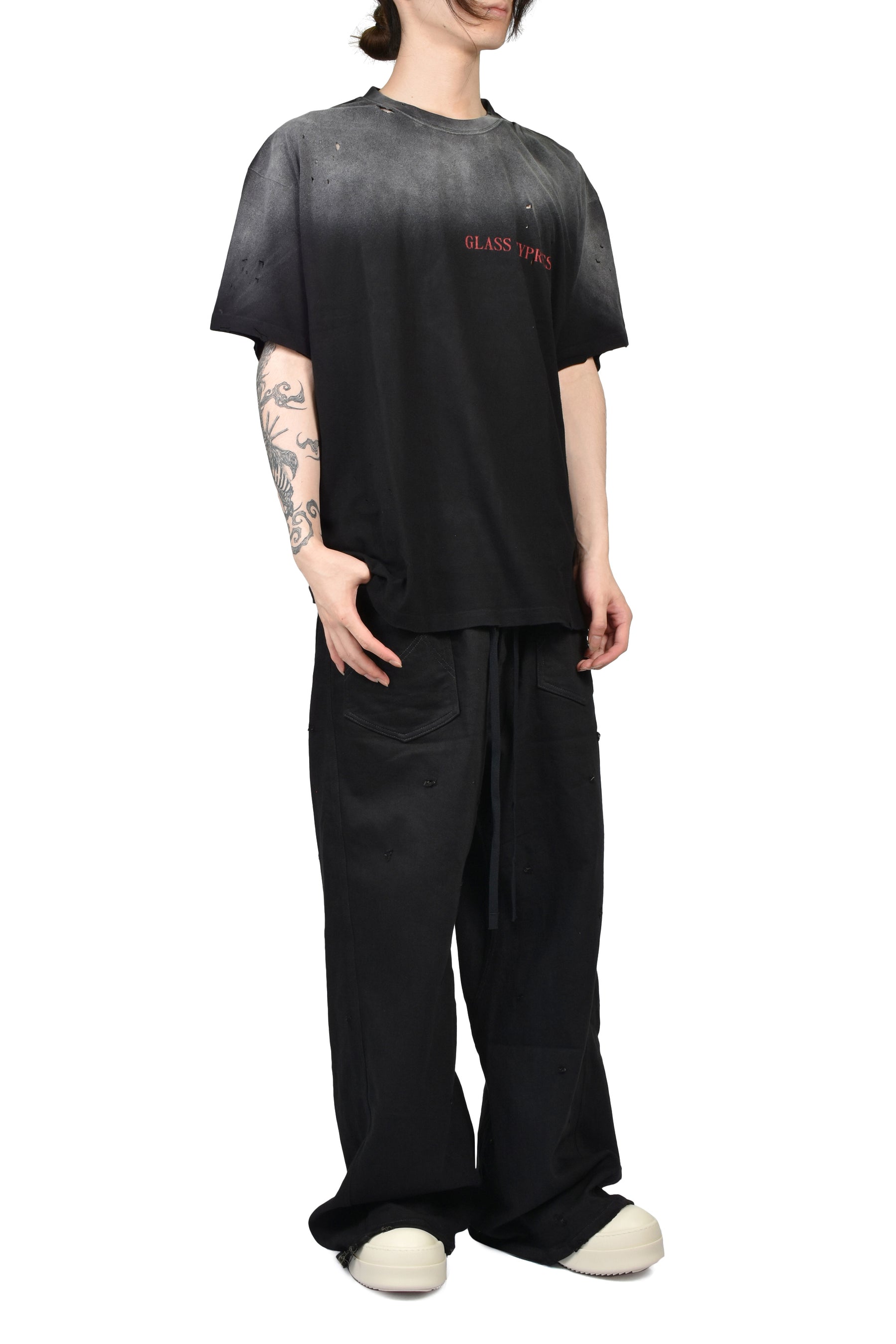HOME WIDE JEANS WITH DAMAGE PANTS / BLK
