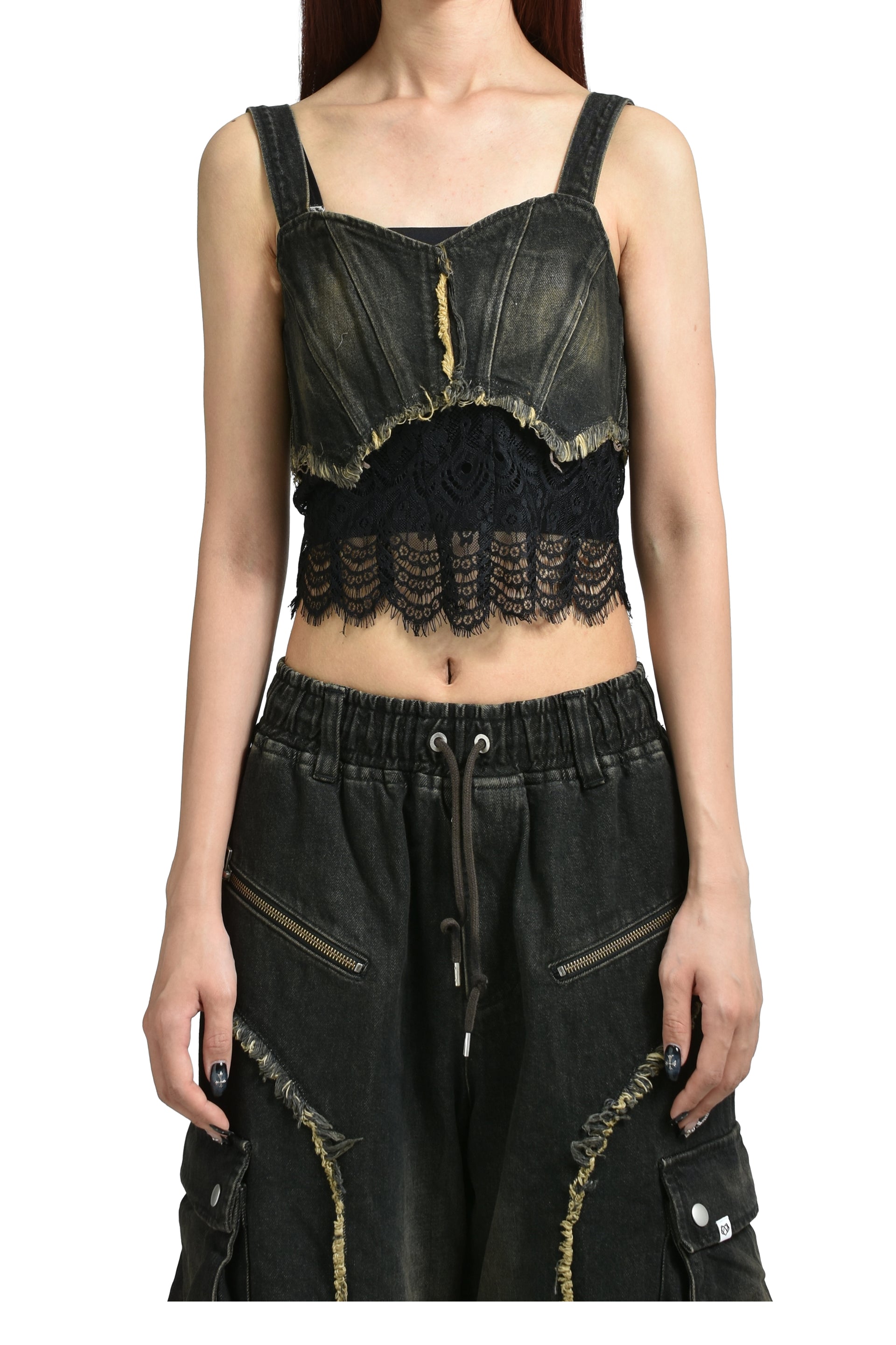 DENIM LACE COMBI BUSTIER / BLK