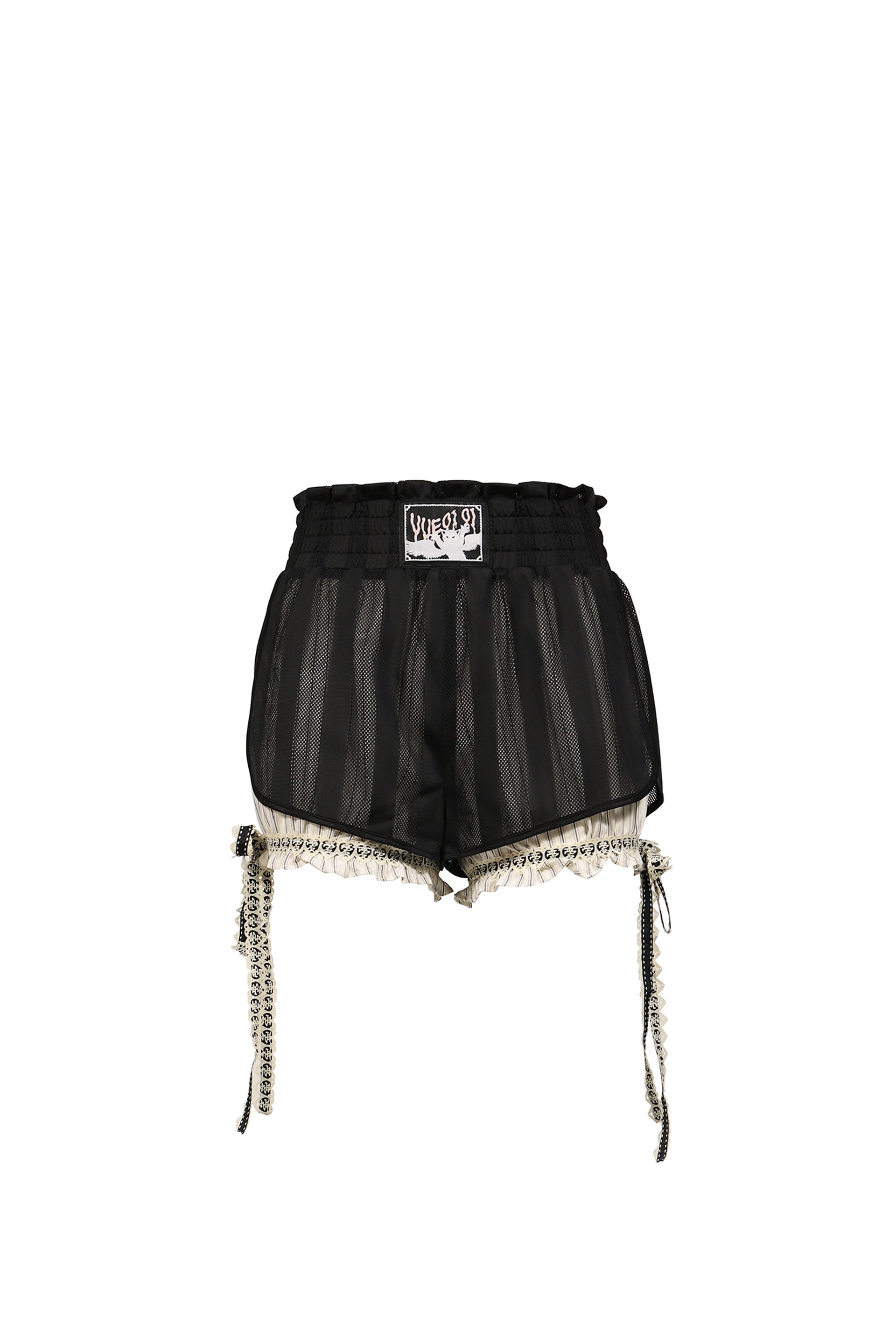 MESH OVERLAY PINSTRIPE BOW SHORTS / BLK