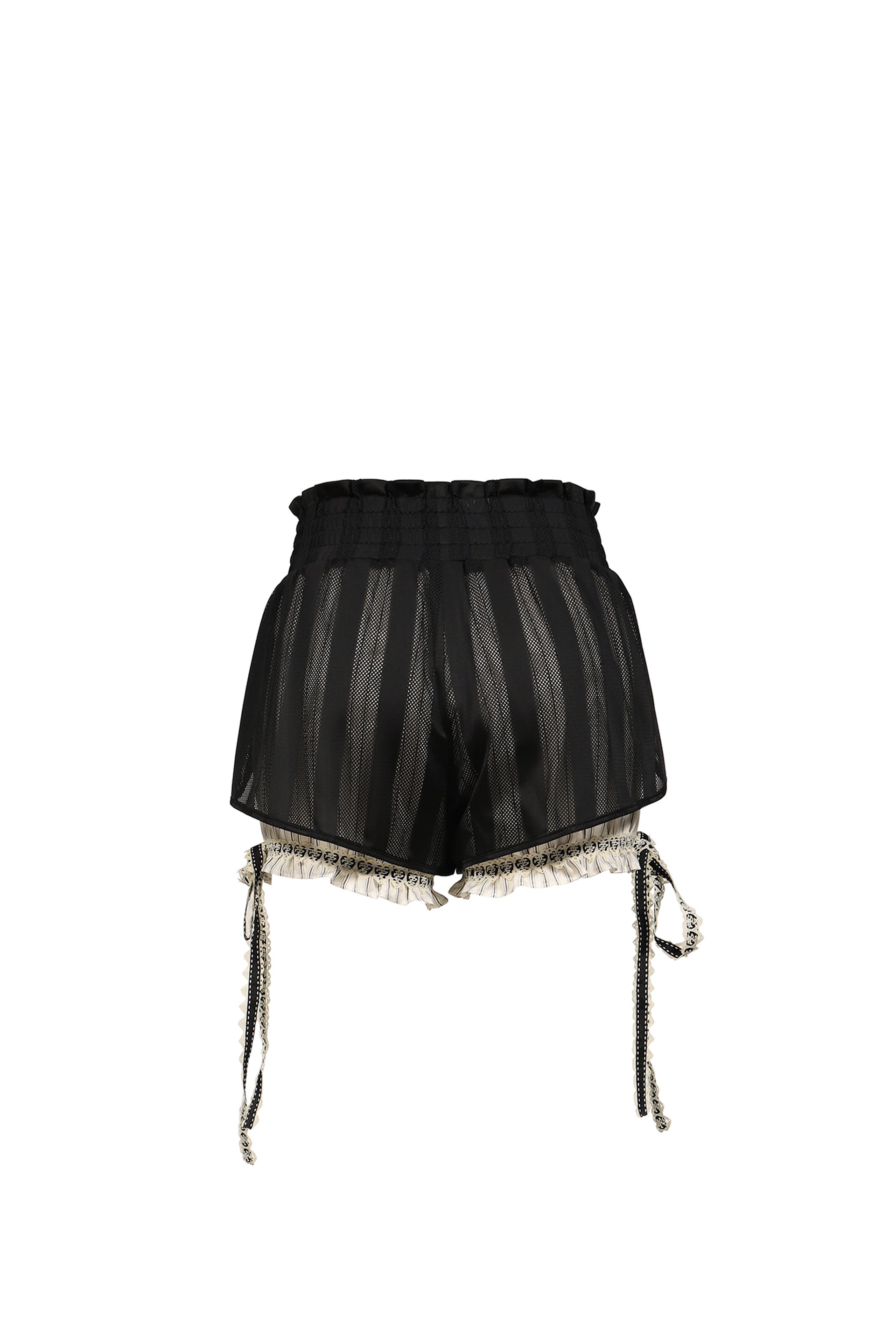 MESH OVERLAY PINSTRIPE BOW SHORTS / BLK