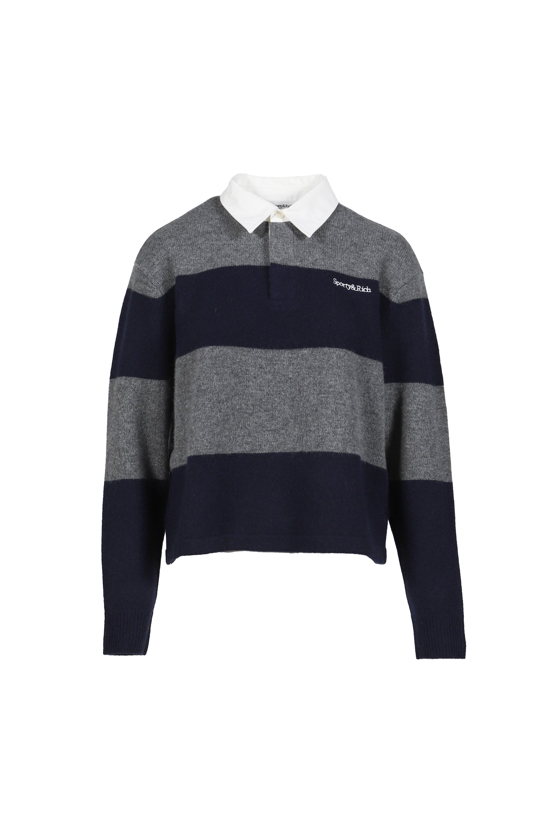 SERIF LOGO CASHMERE RUGBY POLO / HEATHER GRY/DARK NVY