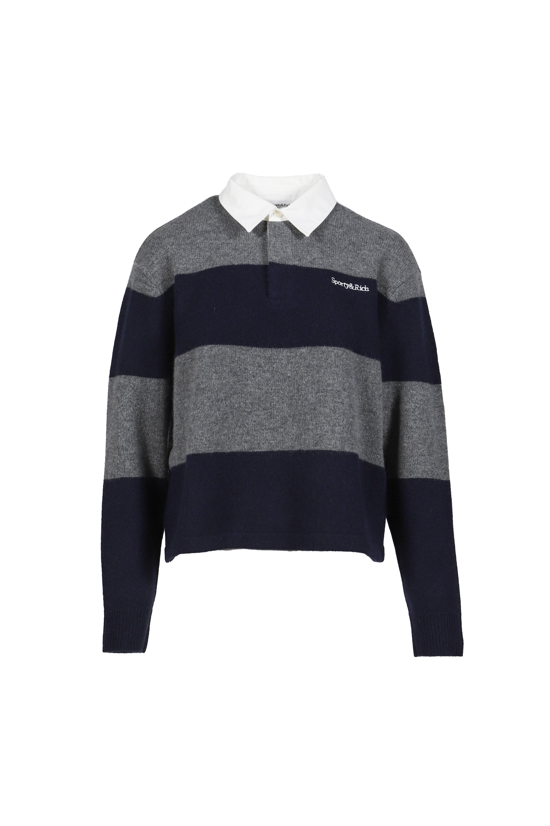 SERIF LOGO CASHMERE RUGBY POLO / HEATHER GRY/DARK NVY