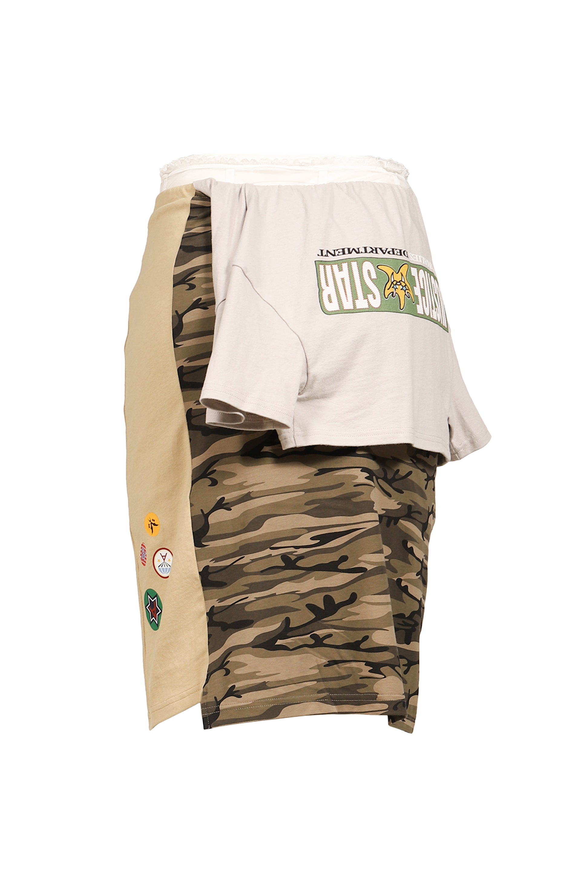 DOUBLE WAIST DECONSTRUCTED PRINTED COLOR-BLOCKED MIDI SKIRT / COLORFUL