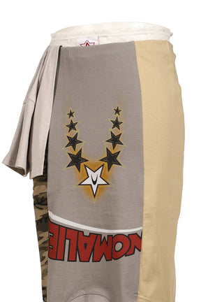 DOUBLE WAIST DECONSTRUCTED PRINTED COLOR-BLOCKED MIDI SKIRT / COLORFUL
