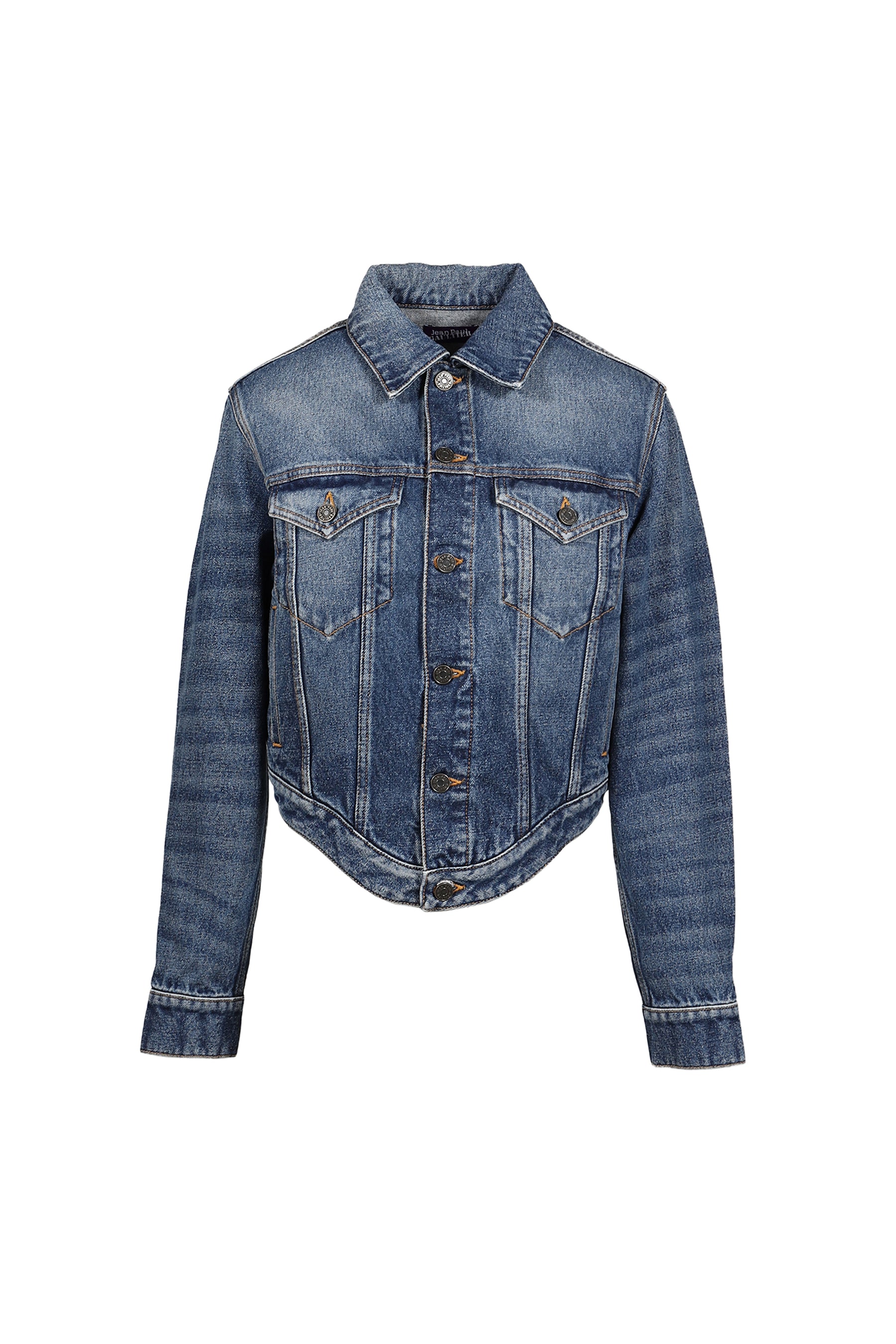 DENIM JACKET WITH WAVY WAISTBAND AND JPG PRINT DETAILS / DARKVINTAGEBLUE ROUGE
