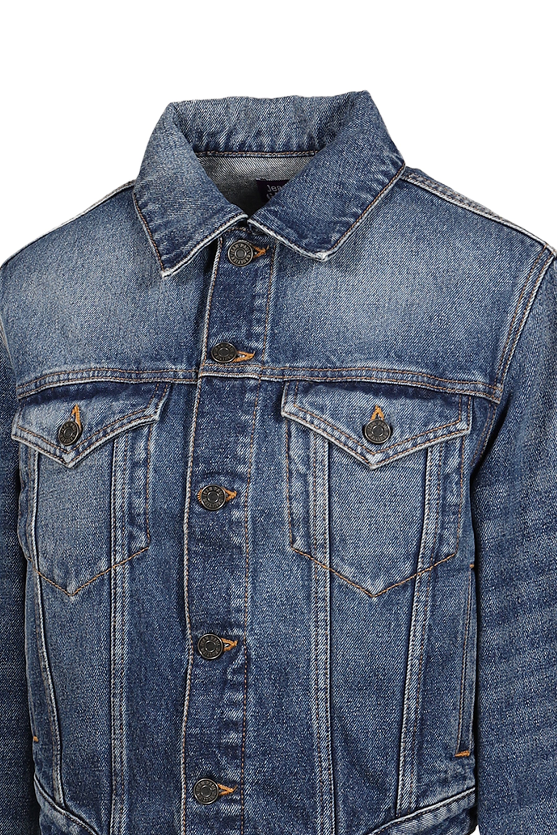 DENIM JACKET WITH WAVY WAISTBAND AND JPG PRINT DETAILS / DARKVINTAGEBLUE ROUGE