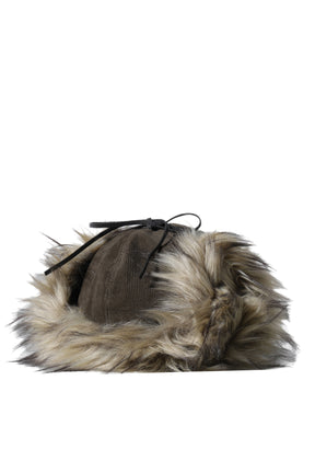 FAUX FUR CORDUROY EARFLAP CAP / KHAKI