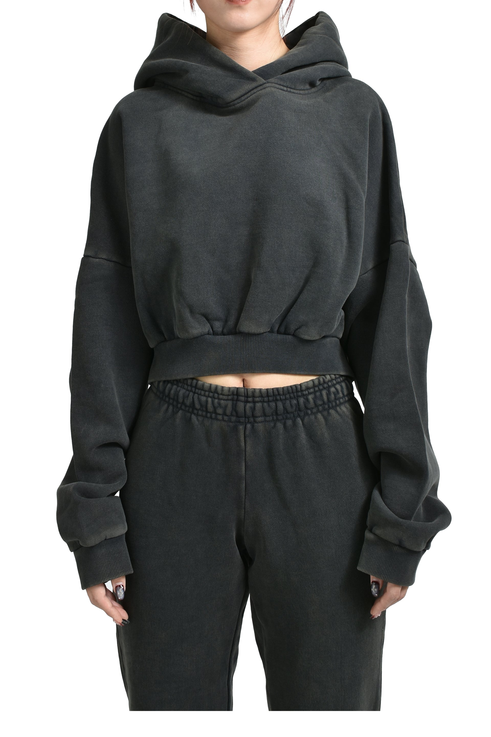 CROPPED HEAVY HOOD / WASHEDBLK