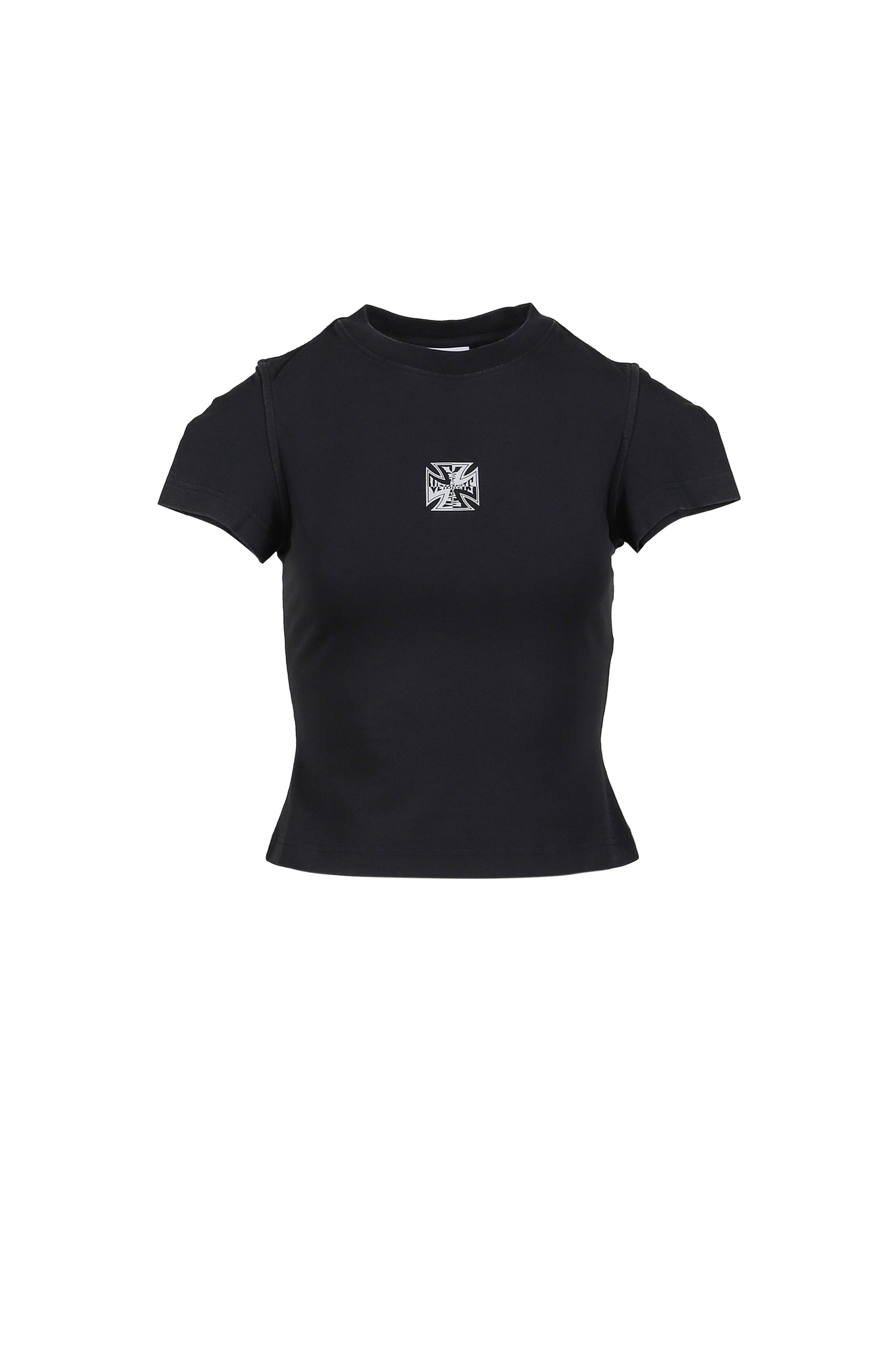 VETEMENTS BIKER CROSS LOGO FRONT SLEEVE T-SHIRT / BLK
