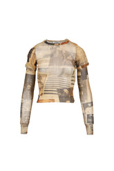 Jean Paul Gaultier MESH DOUBLE SLEEVES BABY TEE PRINTED "JOURNAL" / ECR/LIGHTGRY/RED