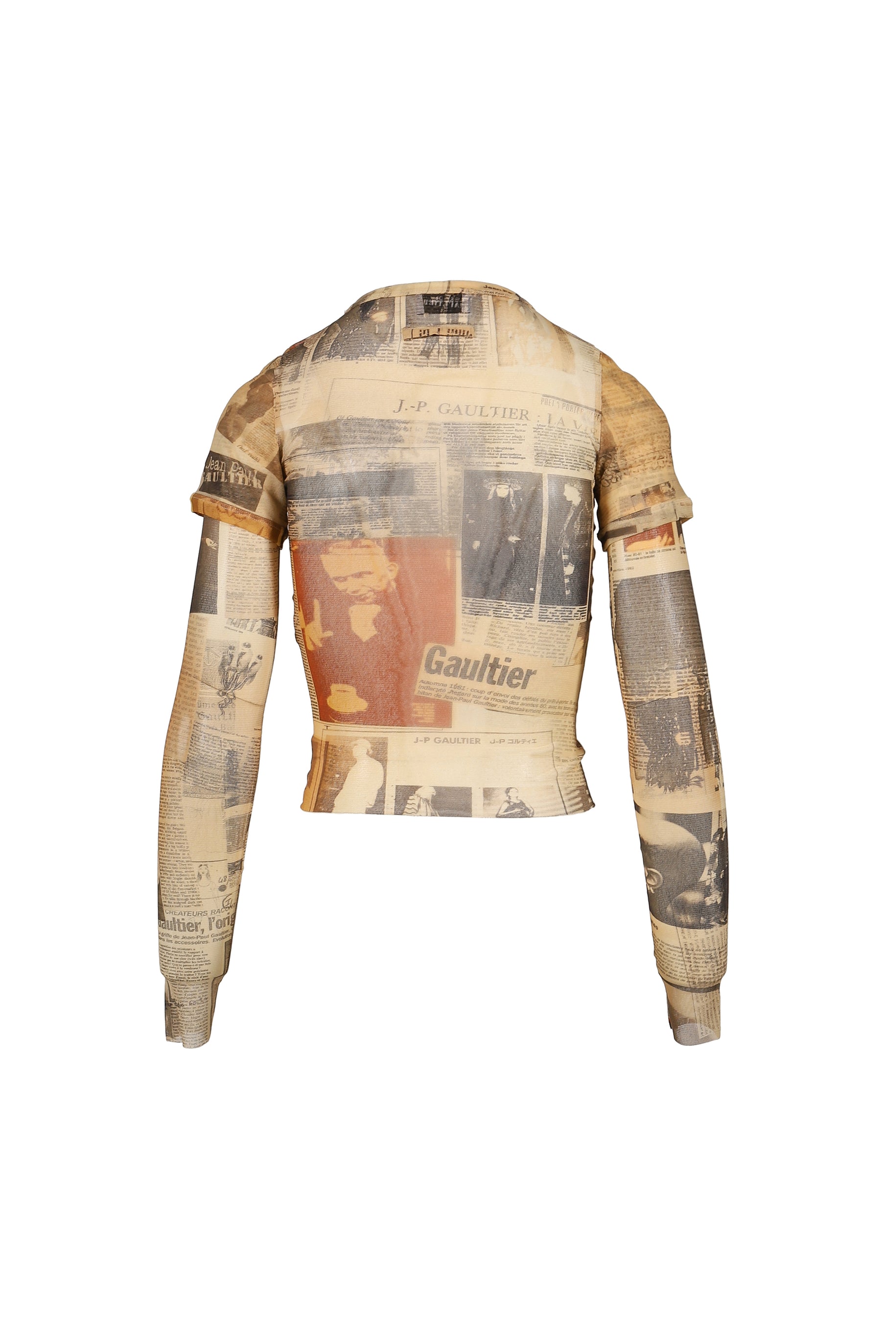 Jean Paul Gaultier MESH DOUBLE SLEEVES BABY TEE PRINTED "JOURNAL" / ECR/LIGHTGRY/RED