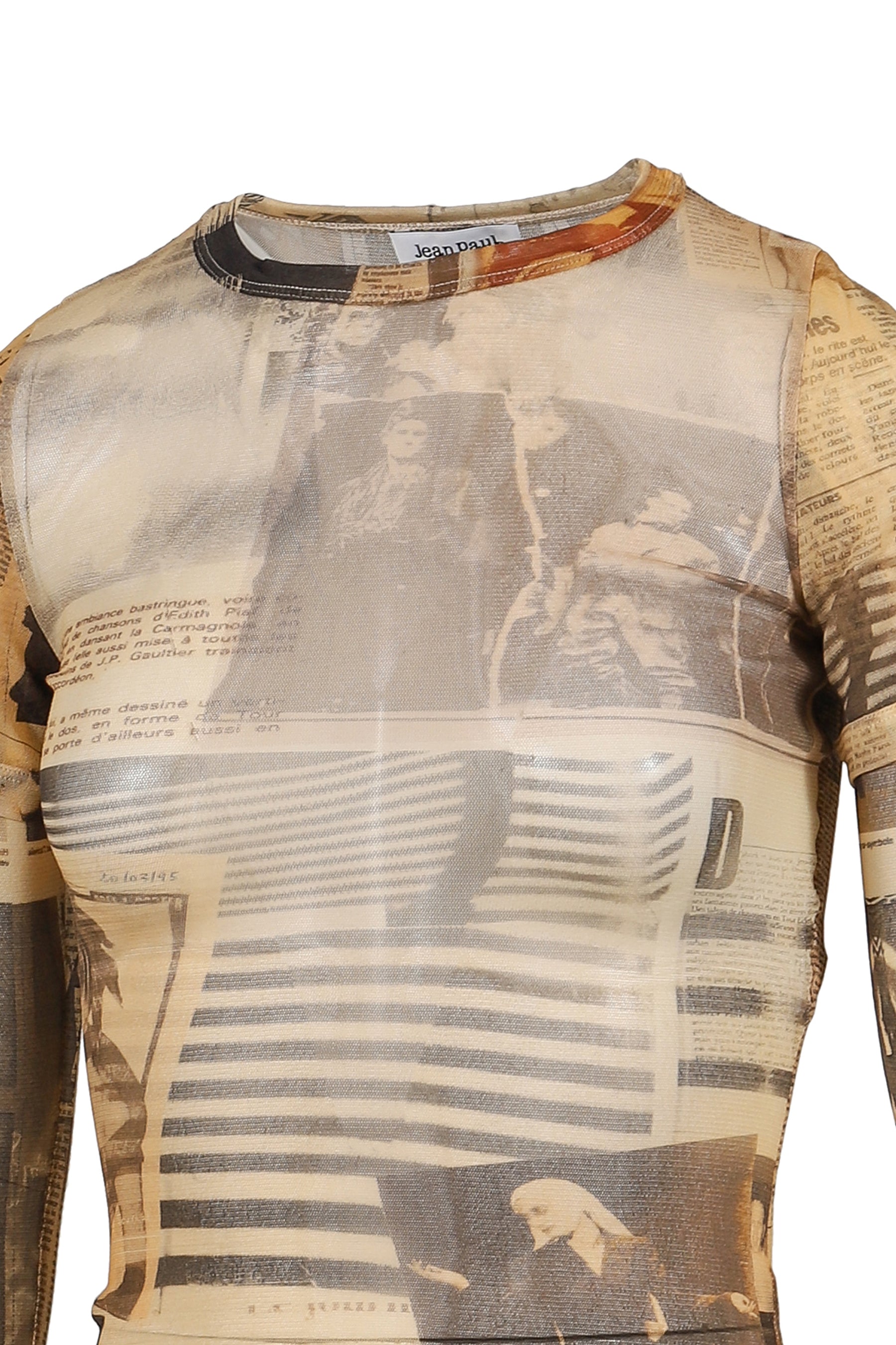 Jean Paul Gaultier MESH DOUBLE SLEEVES BABY TEE PRINTED "JOURNAL" / ECR/LIGHTGRY/RED