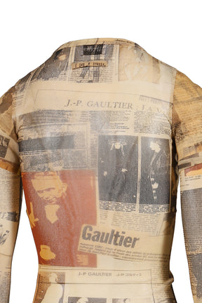 Jean Paul Gaultier MESH DOUBLE SLEEVES BABY TEE PRINTED "JOURNAL" / ECR/LIGHTGRY/RED