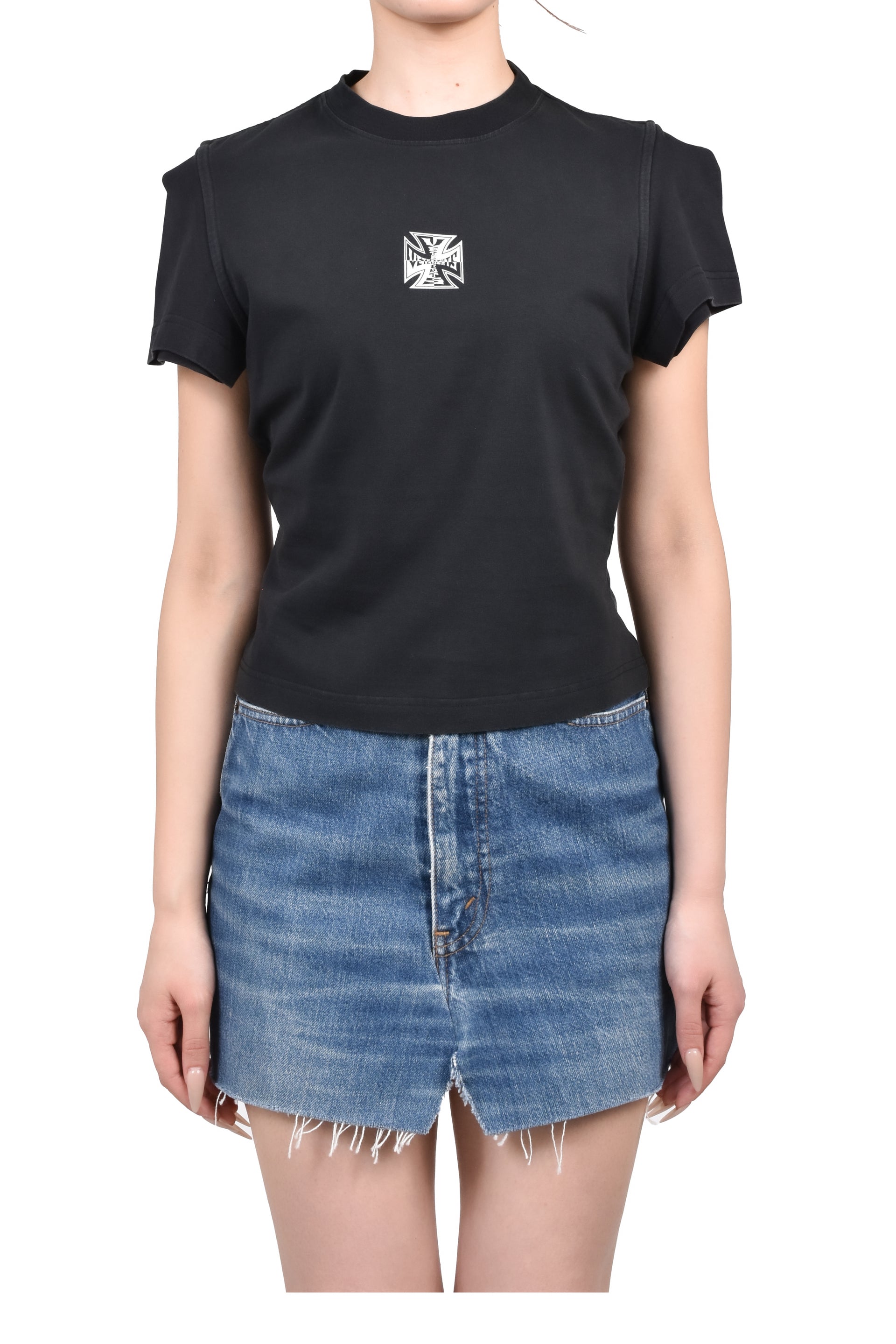 BIKER CROSS LOGO FRONT SLEEVE T-SHIRT / BLK