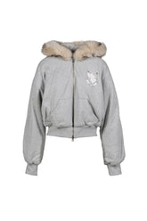 GRAY FLEECE-LINED HOODIE JACKET WITH FAUX FUR TRIM / GRY