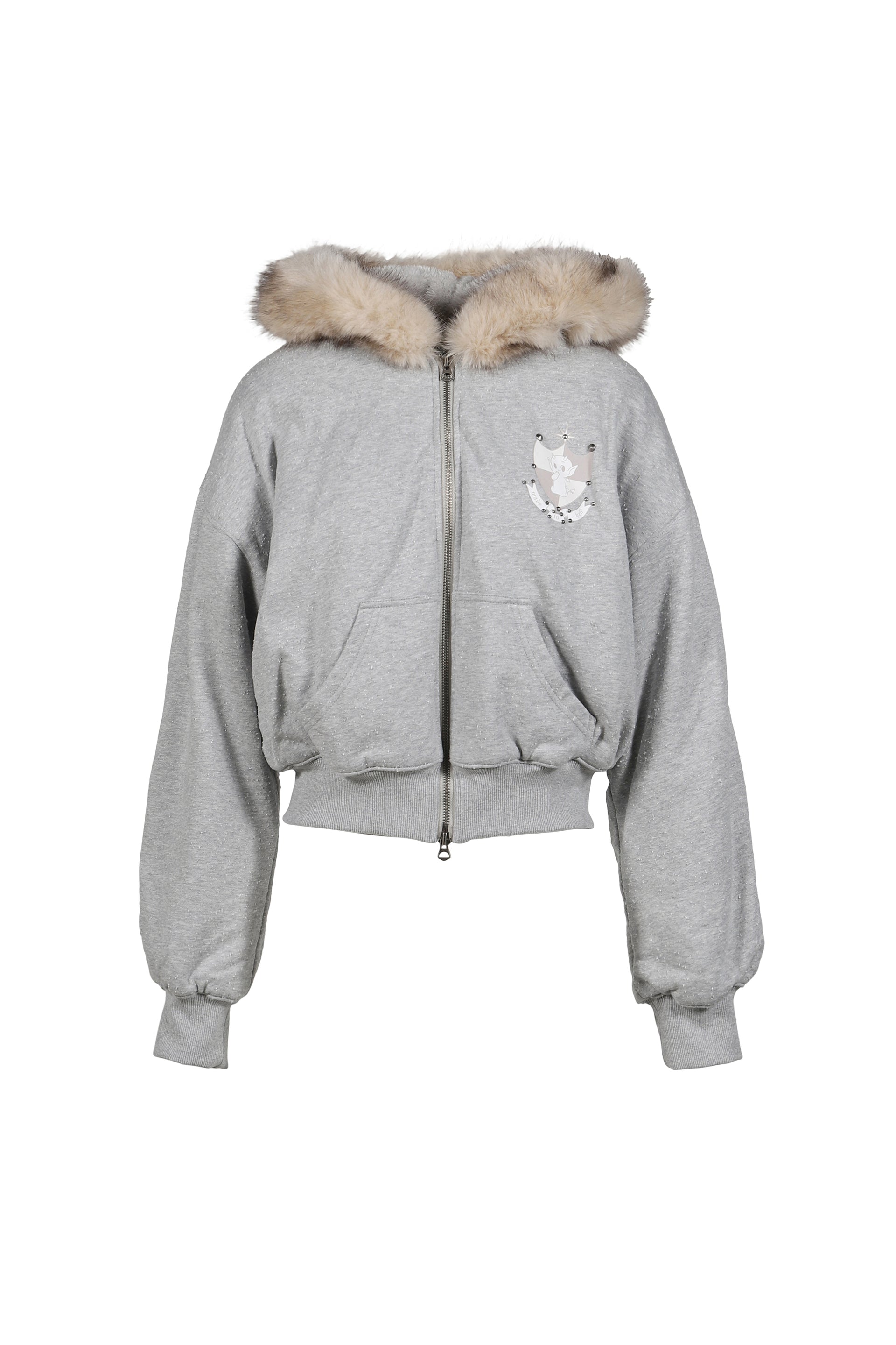 GRAY FLEECE-LINED HOODIE JACKET WITH FAUX FUR TRIM / GRY