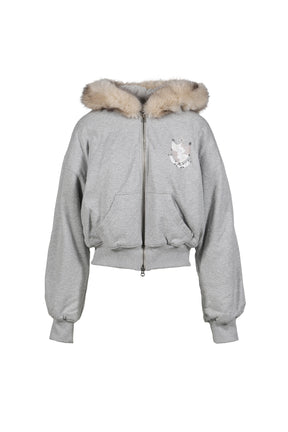 GRAY FLEECE-LINED HOODIE JACKET WITH FAUX FUR TRIM / GRY