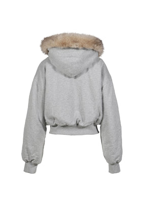 GRAY FLEECE-LINED HOODIE JACKET WITH FAUX FUR TRIM / GRY