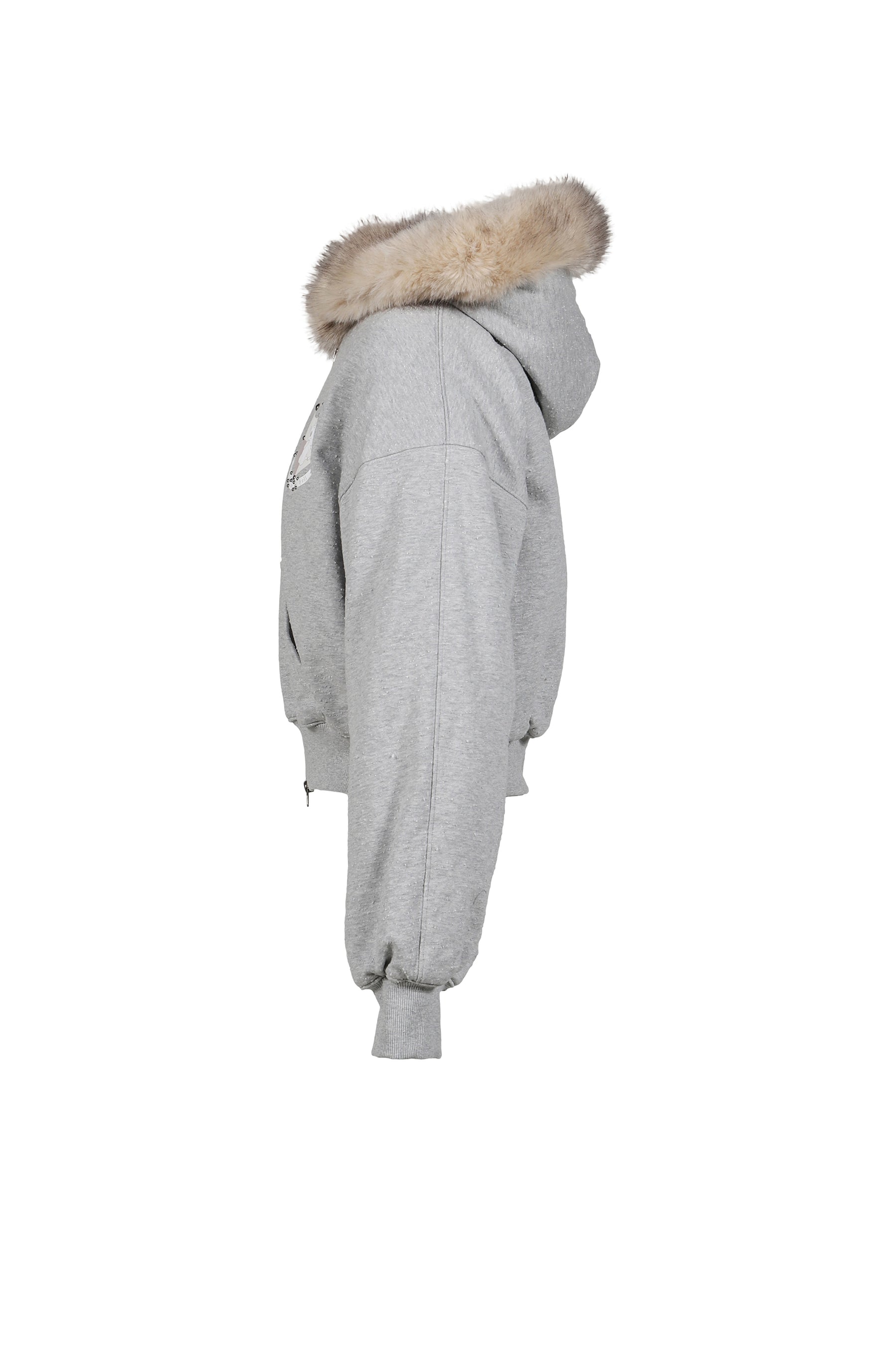 GRAY FLEECE-LINED HOODIE JACKET WITH FAUX FUR TRIM / GRY
