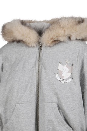 GRAY FLEECE-LINED HOODIE JACKET WITH FAUX FUR TRIM / GRY