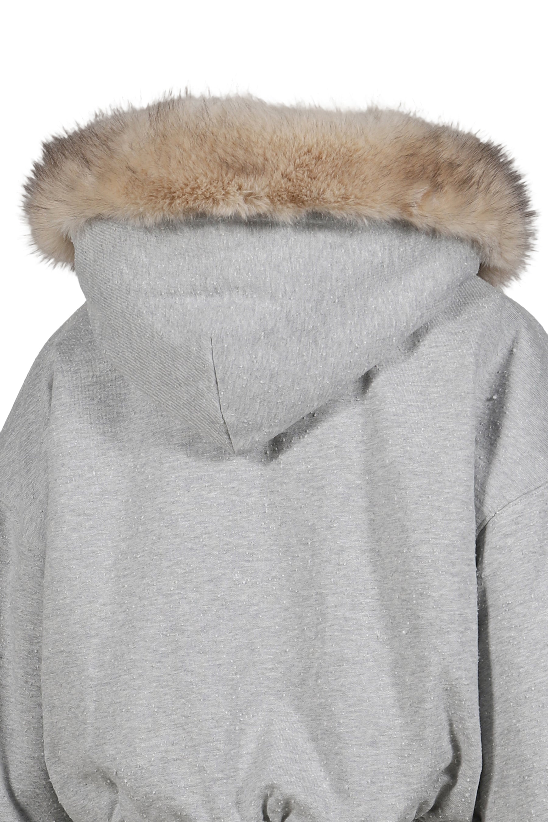 GRAY FLEECE-LINED HOODIE JACKET WITH FAUX FUR TRIM / GRY