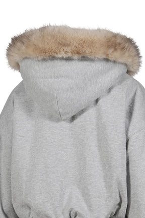 GRAY FLEECE-LINED HOODIE JACKET WITH FAUX FUR TRIM / GRY