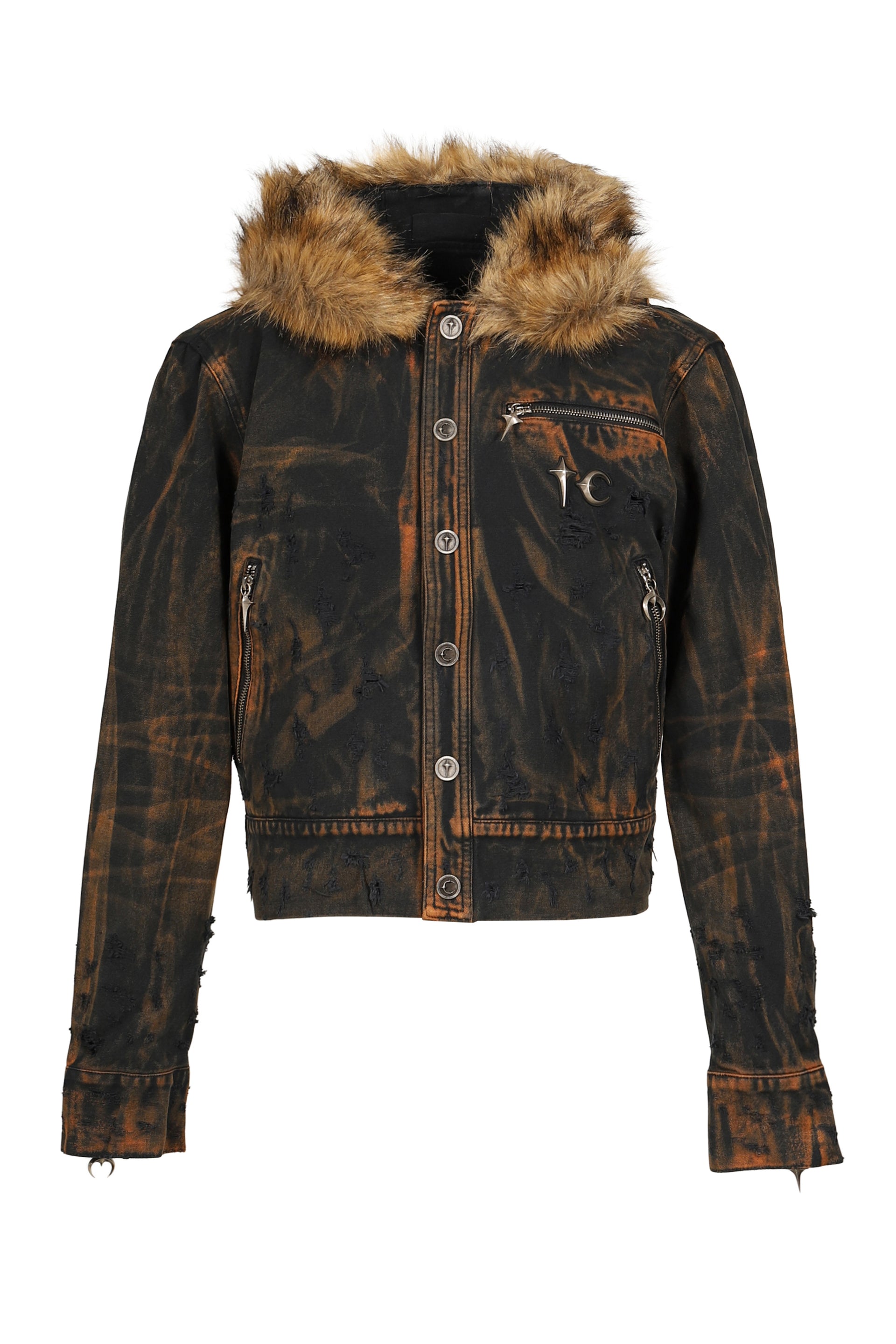 TC TWO TONE WASHED FUR HOODED JACKET / RUST BLK