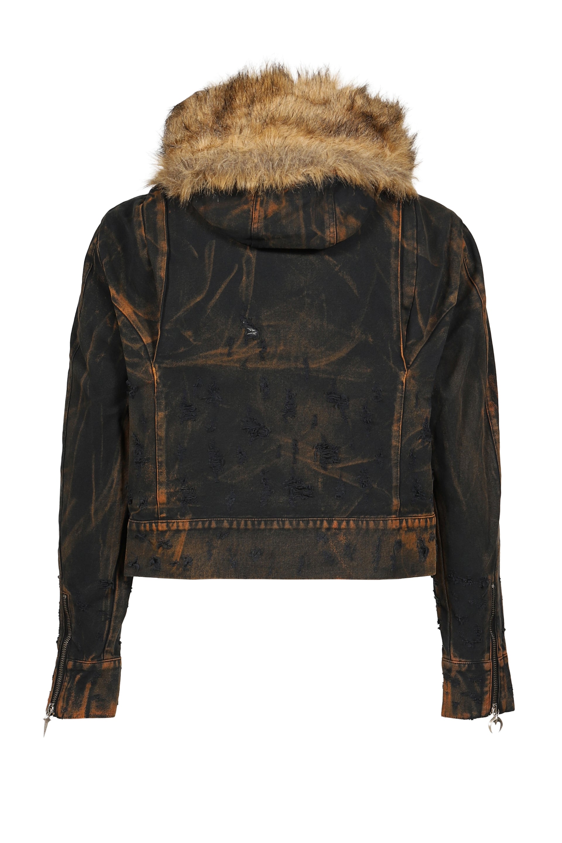 TC TWO TONE WASHED FUR HOODED JACKET / RUST BLK