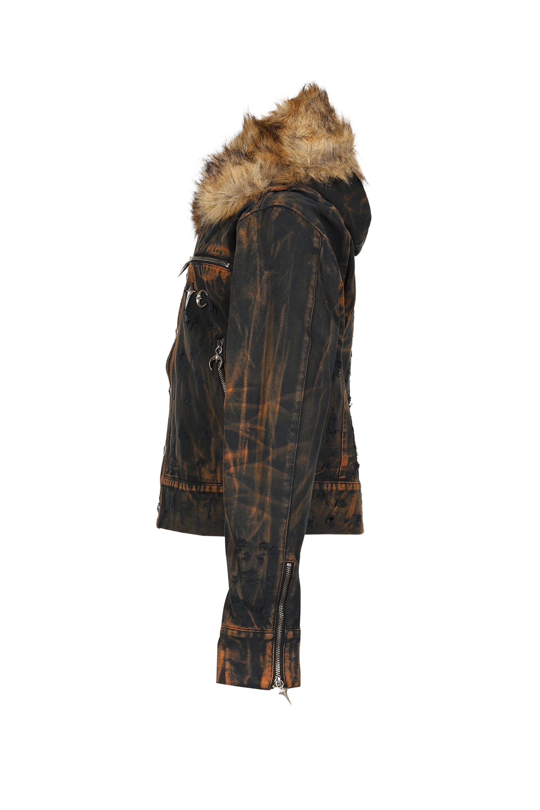 TC TWO TONE WASHED FUR HOODED JACKET / RUST BLK