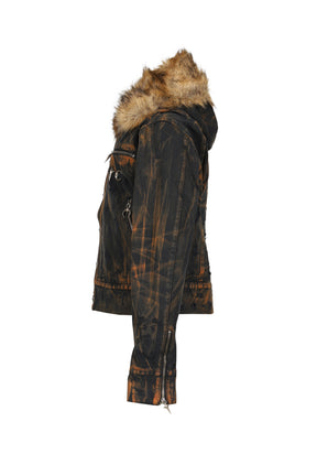 TC TWO TONE WASHED FUR HOODED JACKET / RUST BLK