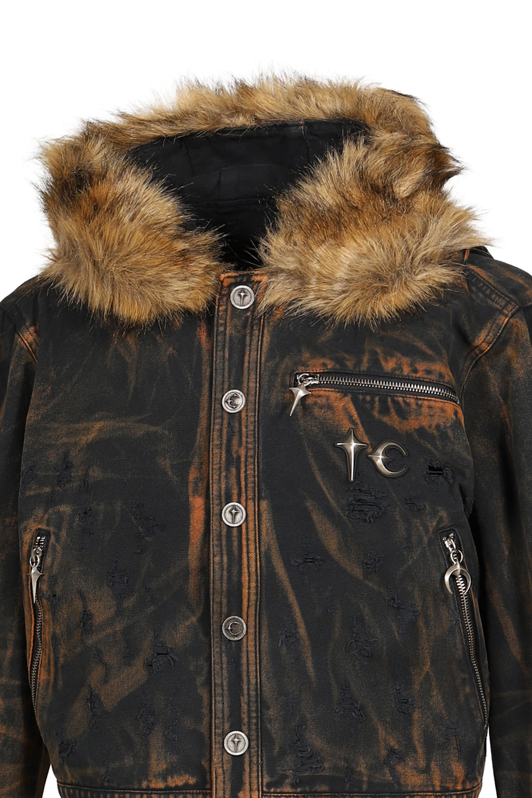 TC TWO TONE WASHED FUR HOODED JACKET / RUST BLK