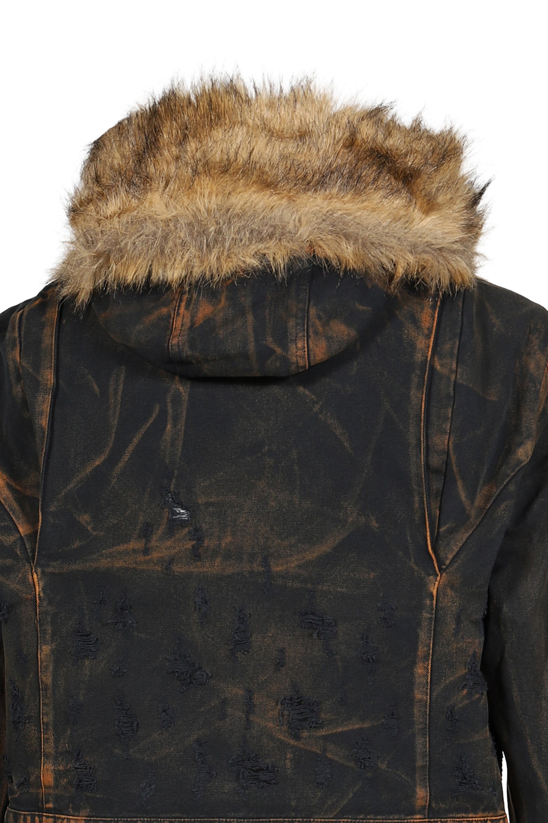 TC TWO TONE WASHED FUR HOODED JACKET / RUST BLK