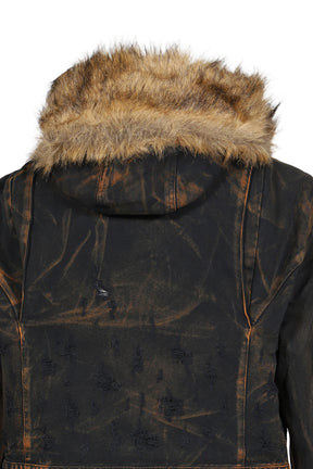 TC TWO TONE WASHED FUR HOODED JACKET / RUST BLK