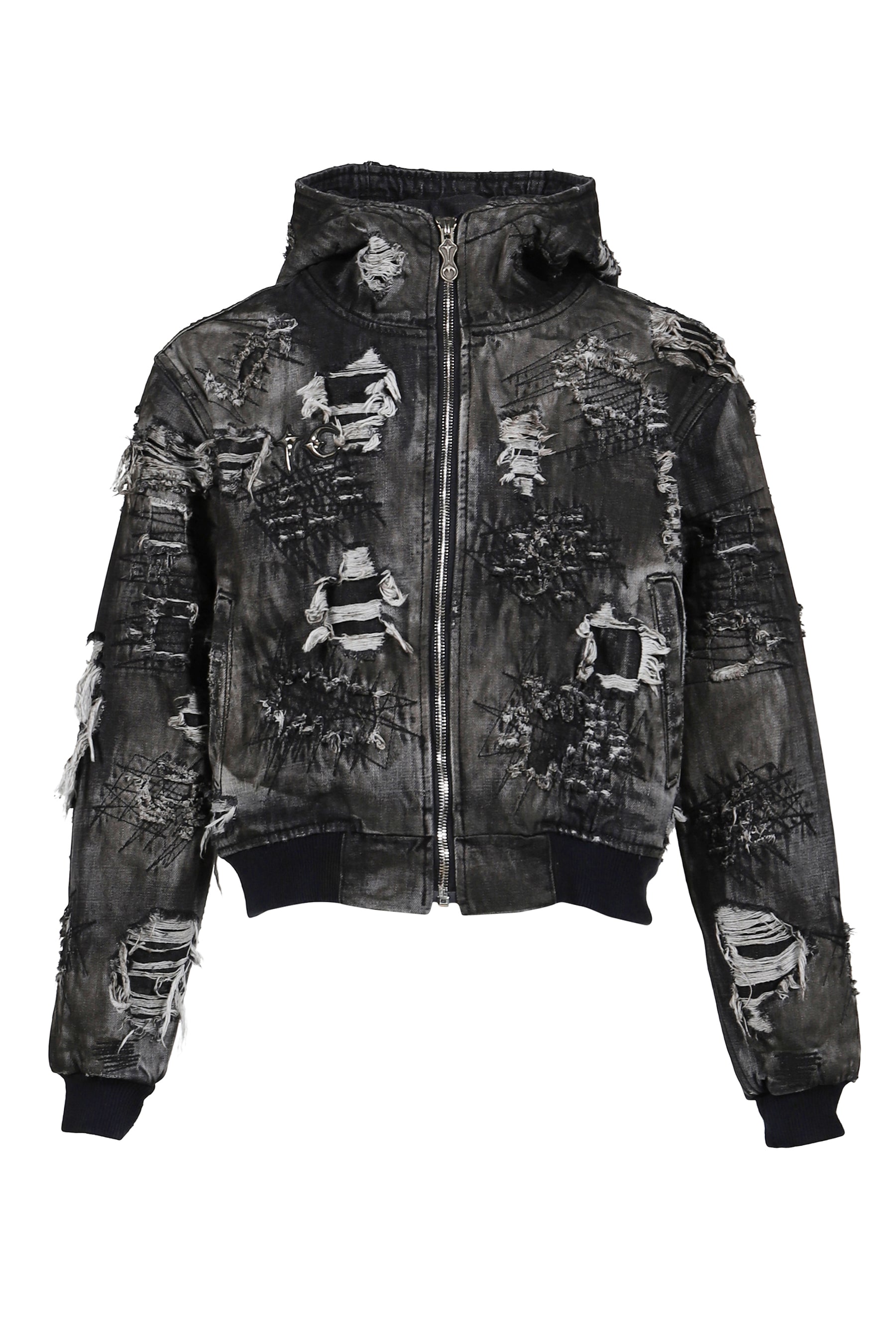 HARD-WASHED DAMAGED DENIM HOODED ZIP-UP / BLK 