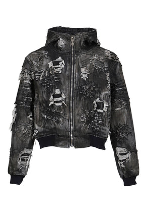 HARD-WASHED DAMAGED DENIM HOODED ZIP-UP / BLK 