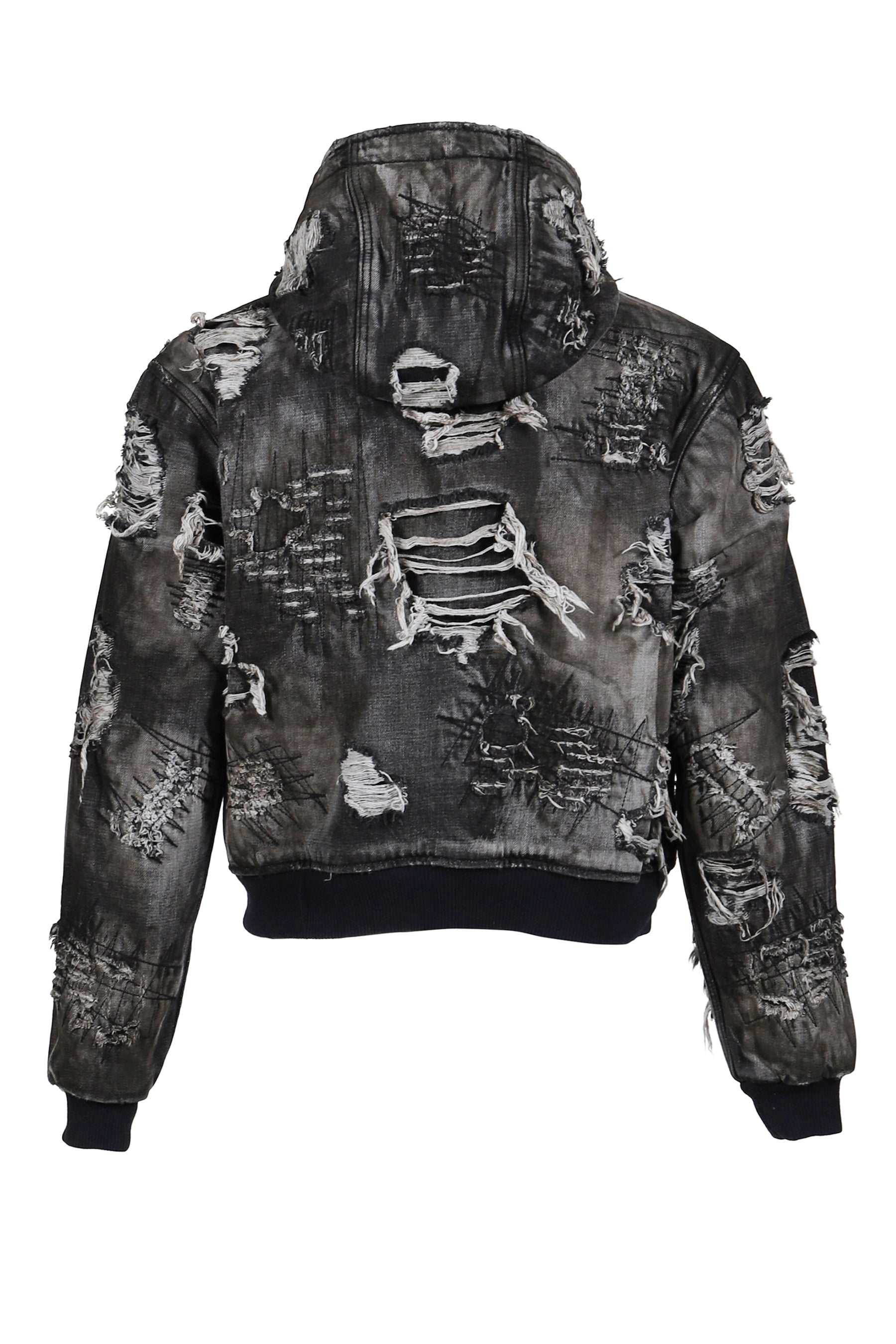 HARD-WASHED DAMAGED DENIM HOODED ZIP-UP / BLK 