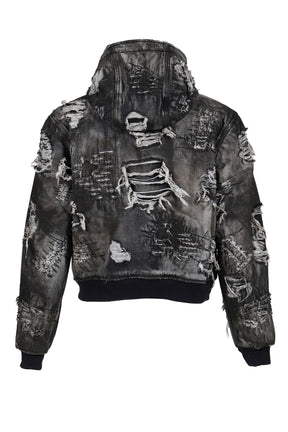 HARD-WASHED DAMAGED DENIM HOODED ZIP-UP / BLK 