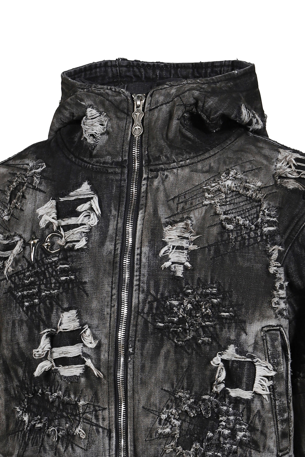HARD-WASHED DAMAGED DENIM HOODED ZIP-UP / BLK 