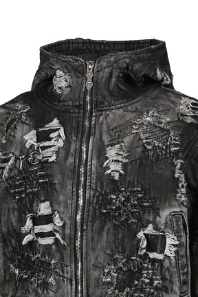 HARD-WASHED DAMAGED DENIM HOODED ZIP-UP / BLK 