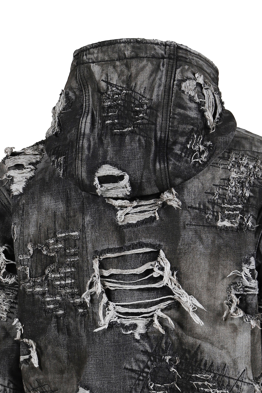 HARD-WASHED DAMAGED DENIM HOODED ZIP-UP / BLK 