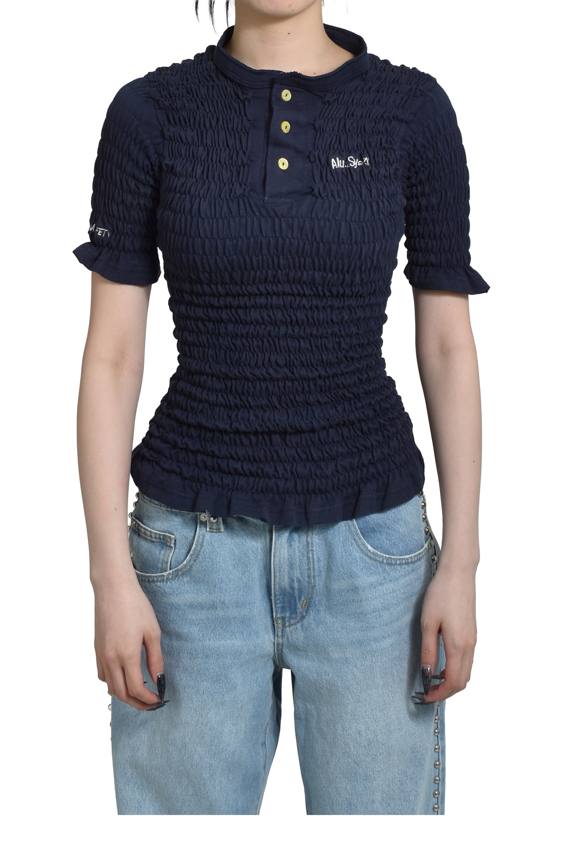 RECONSTITUTED SHIRRED HENLEY T-SHIRT / NVY 