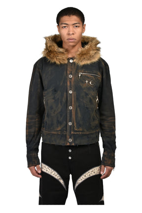 TC TWO TONE WASHED FUR HOODED JACKET / RUST BLK