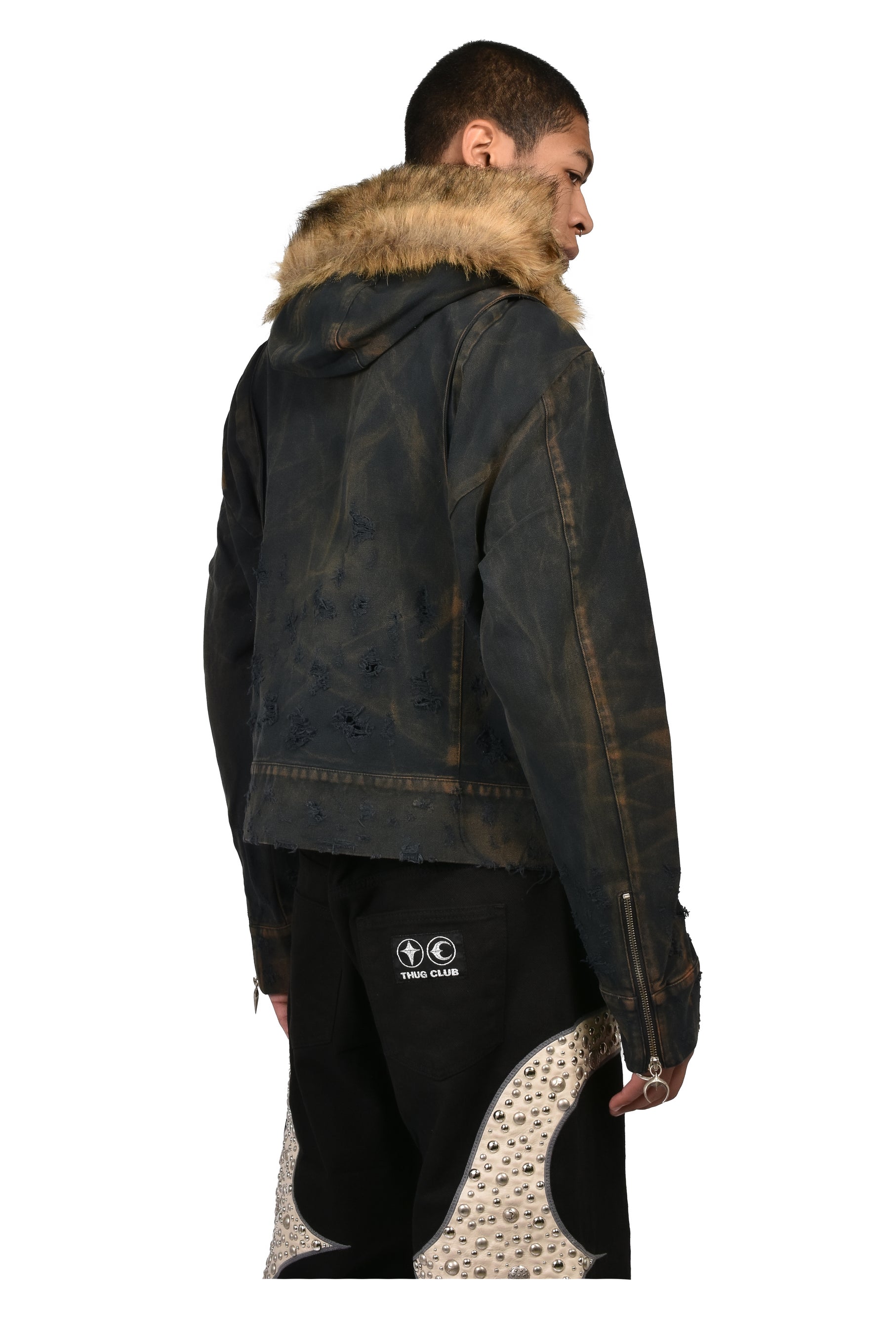 TC TWO TONE WASHED FUR HOODED JACKET / RUST BLK