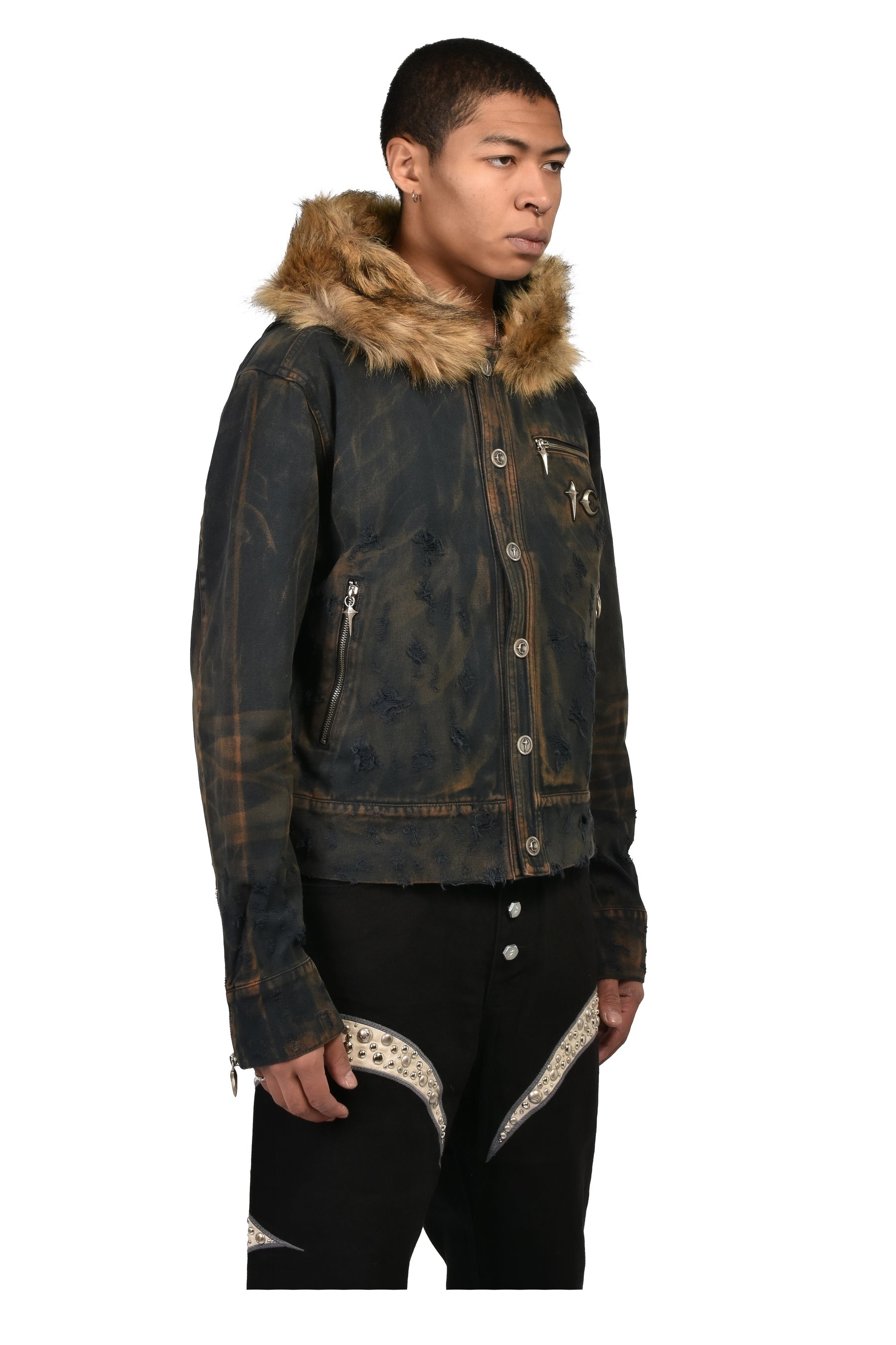 TC TWO TONE WASHED FUR HOODED JACKET / RUST BLK
